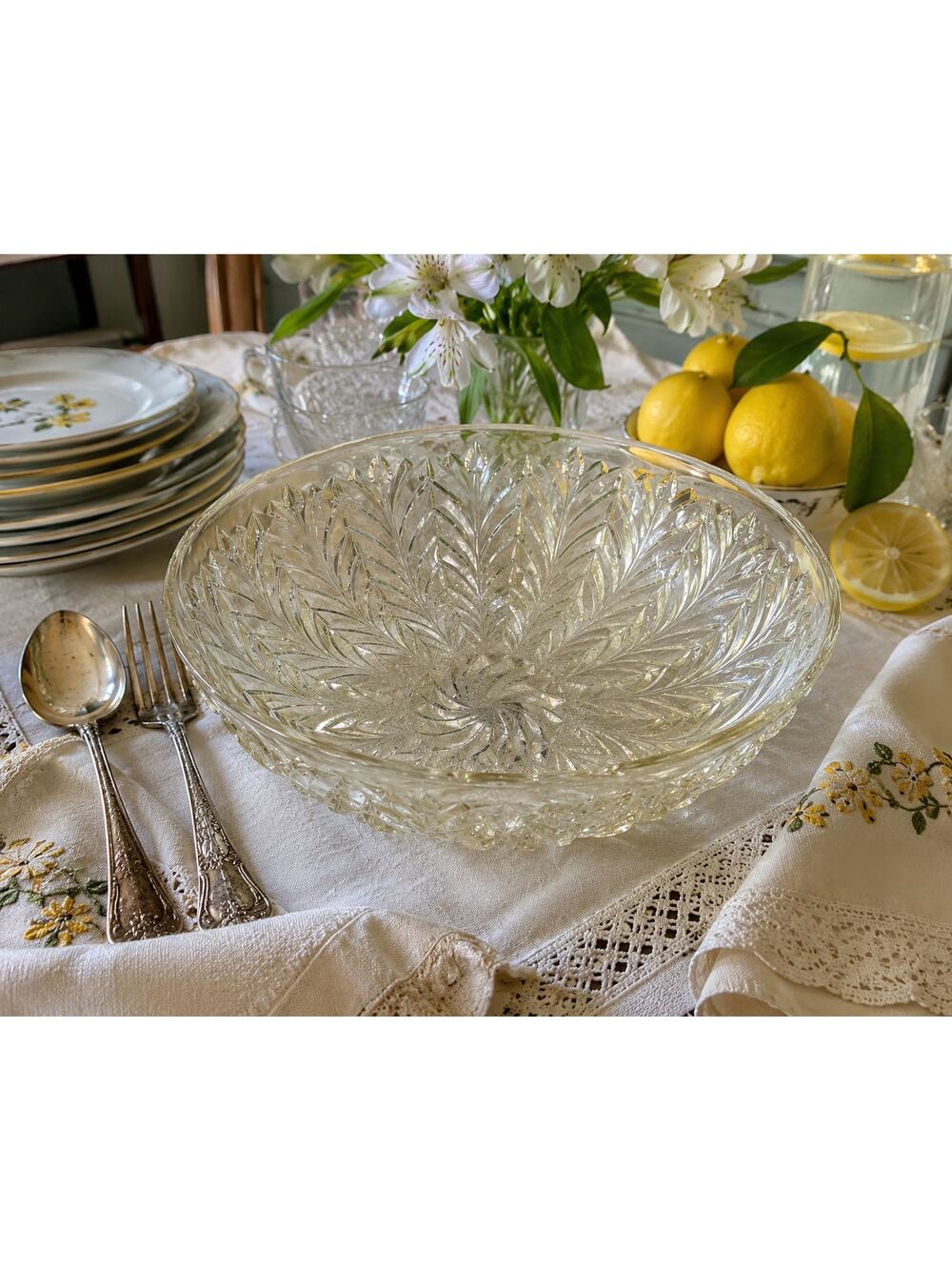 Vintage Pressed Glass Serving Bowl Art Deco Floral Pattern